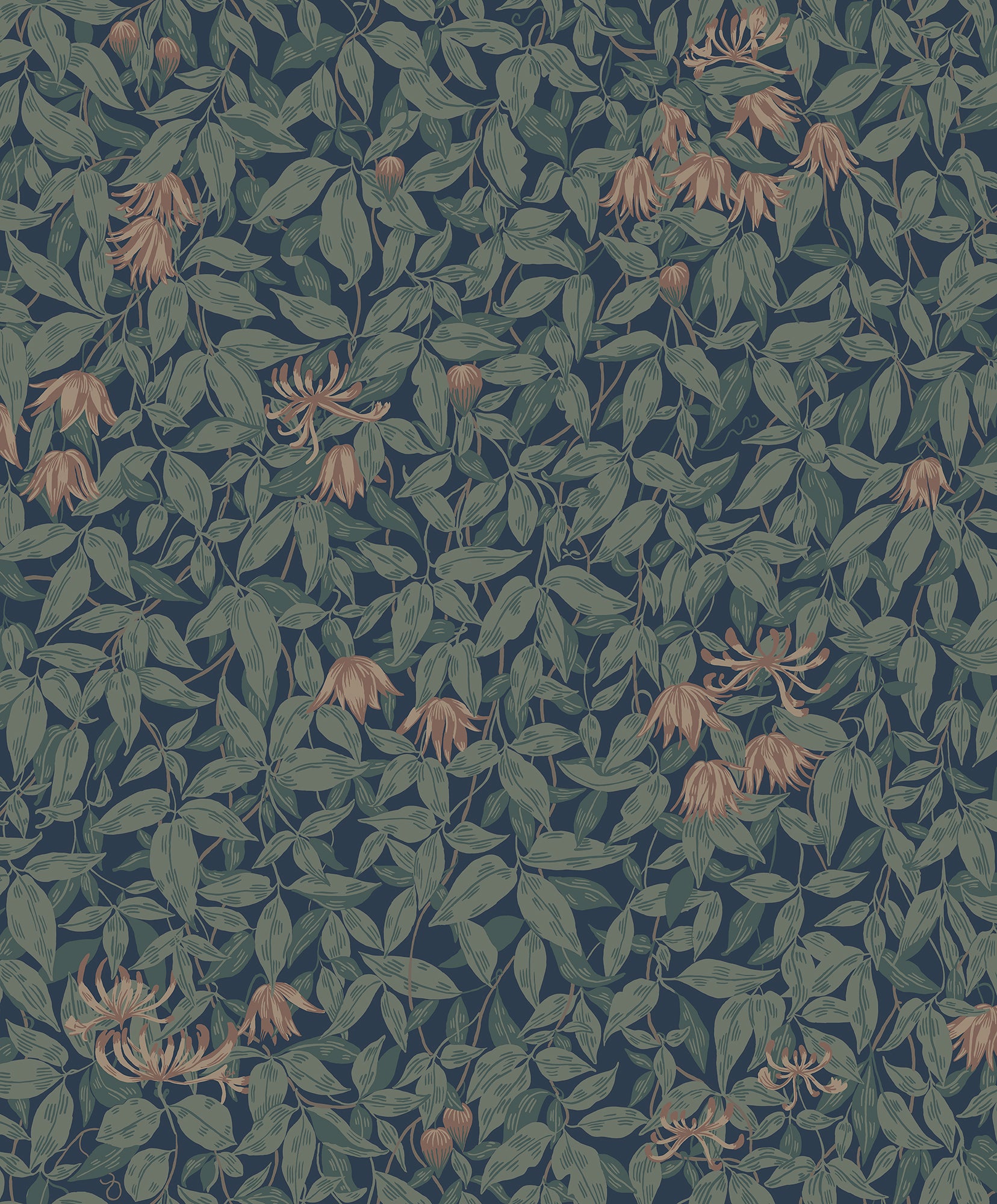 Linnea wallpaper by Sandberg, green leaves and coral honeysuckle blooms on deep navy blue, flat roll swatch