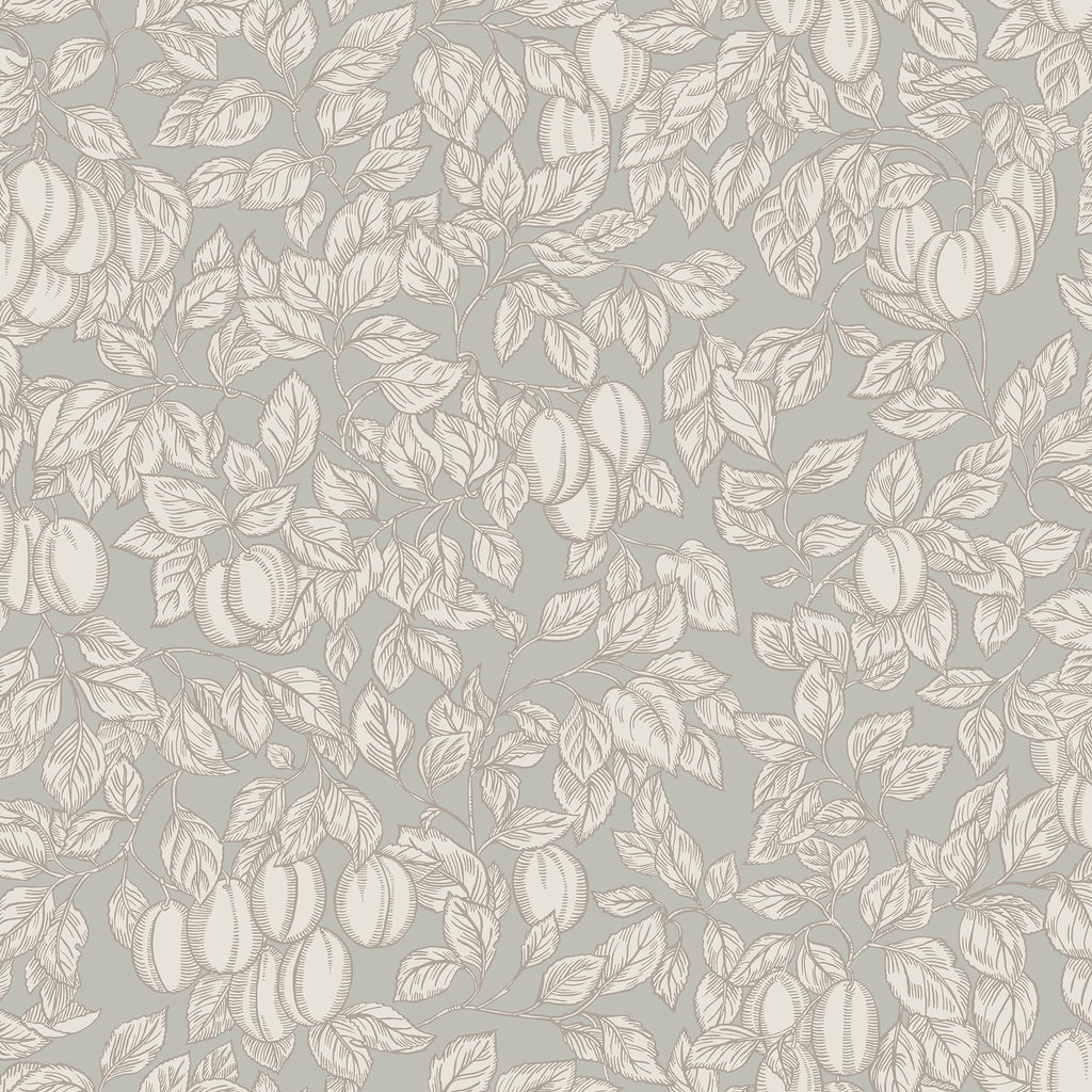 Emrik wallpaper by Sandberg, flat swatch of fine line-drawn plums and leaves in soft pink on grey-green