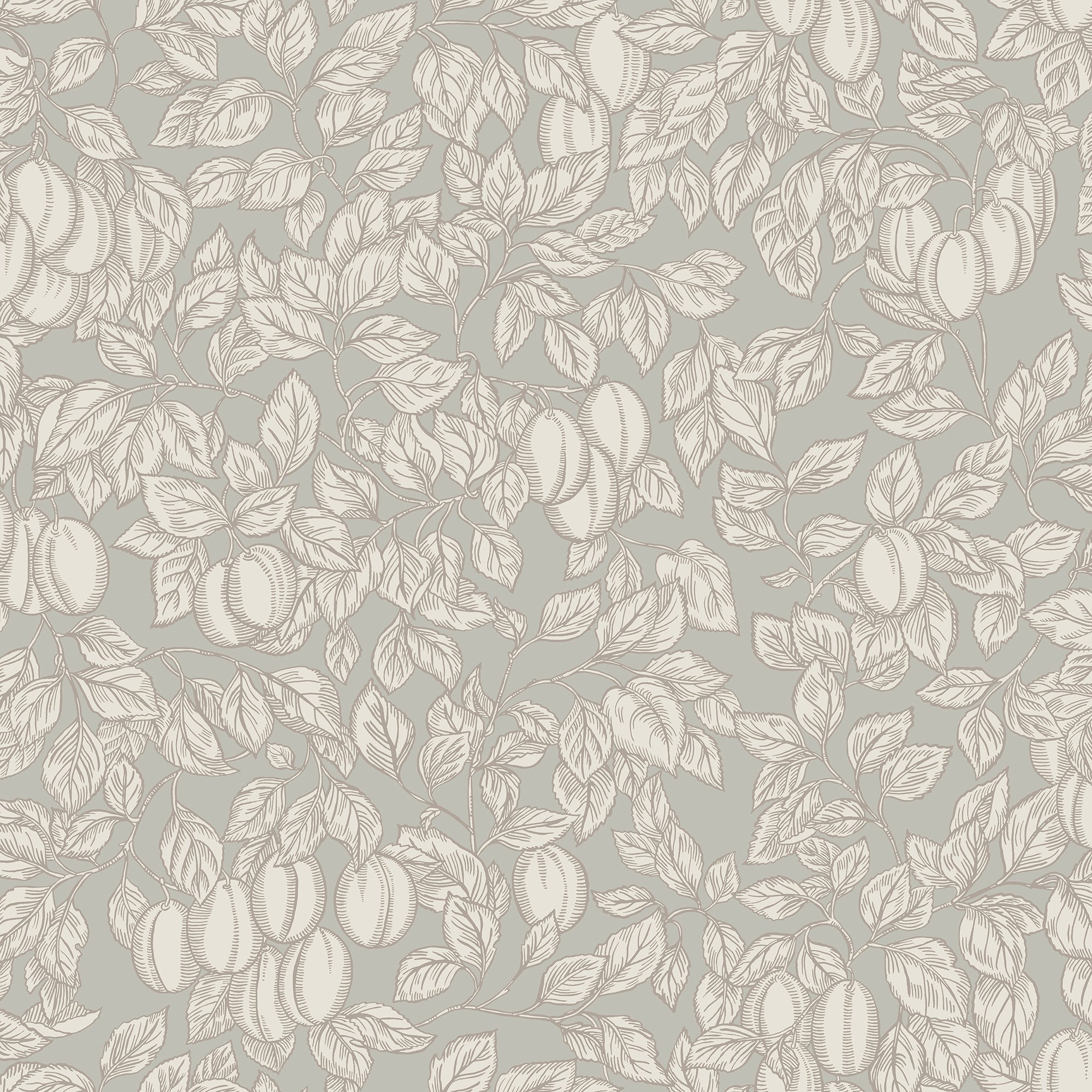 Emrik wallpaper by Sandberg, flat swatch of fine line-drawn plums and leaves in soft pink on grey-green