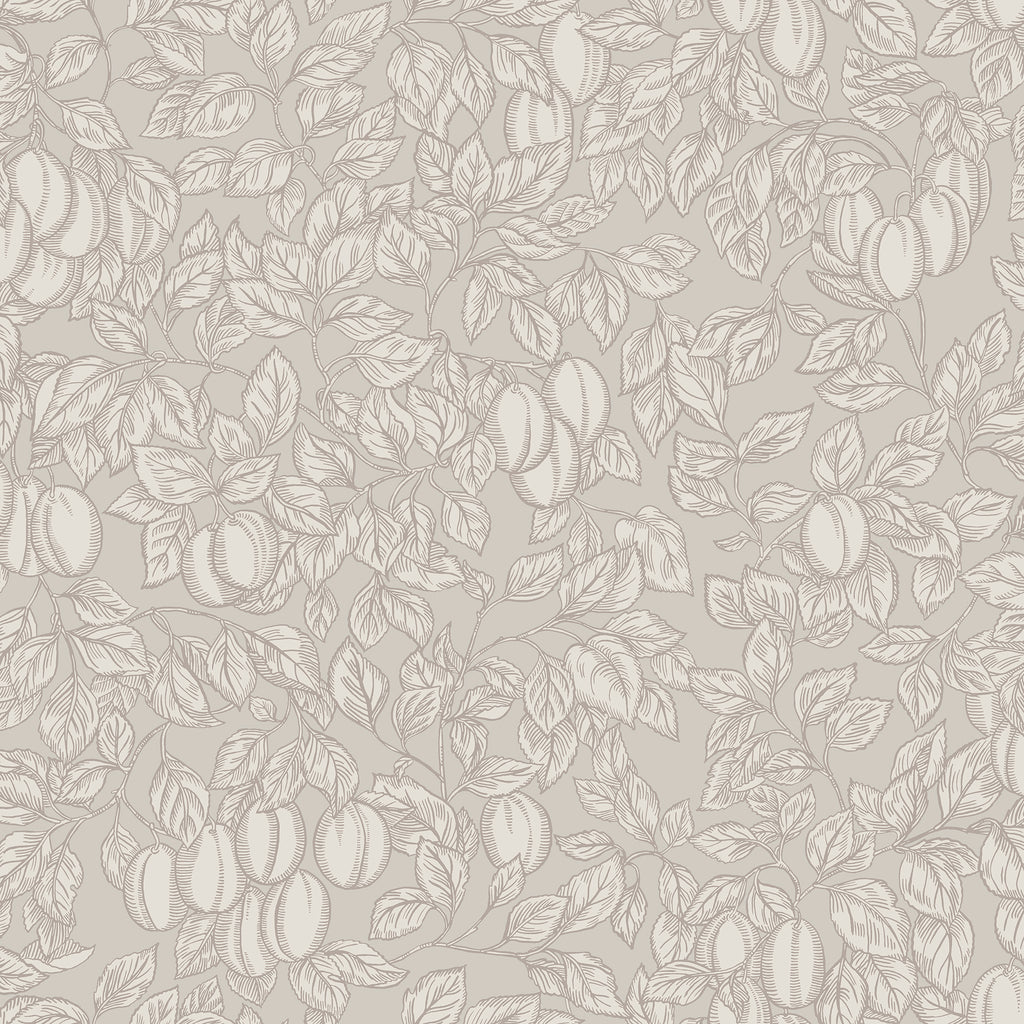 Emrik wallpaper by Sandberg, flat swatch of fine line-drawn plums and leaves in pale rose on warm greige