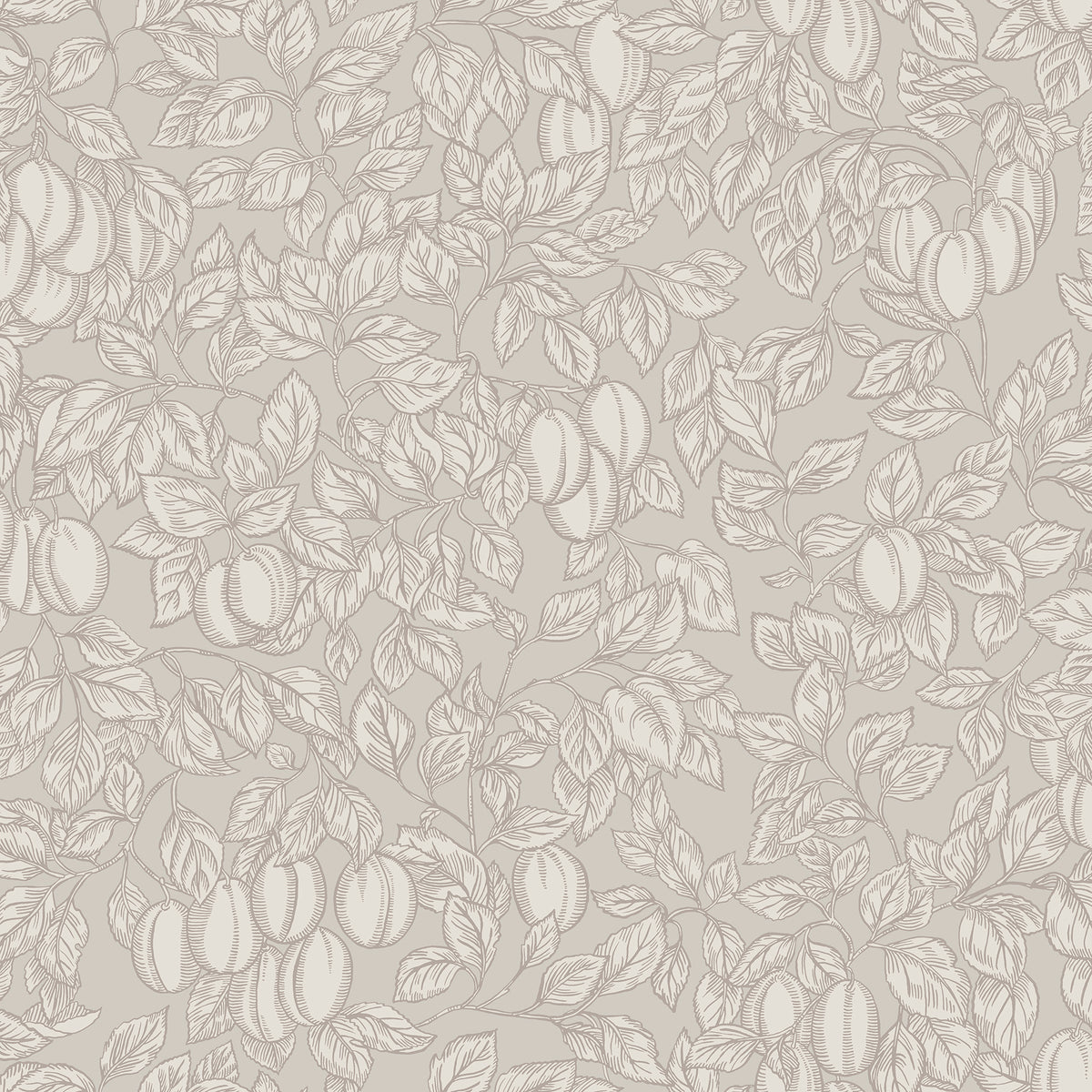 Emrik wallpaper by Sandberg, flat swatch of fine line-drawn plums and leaves in pale rose on warm greige
