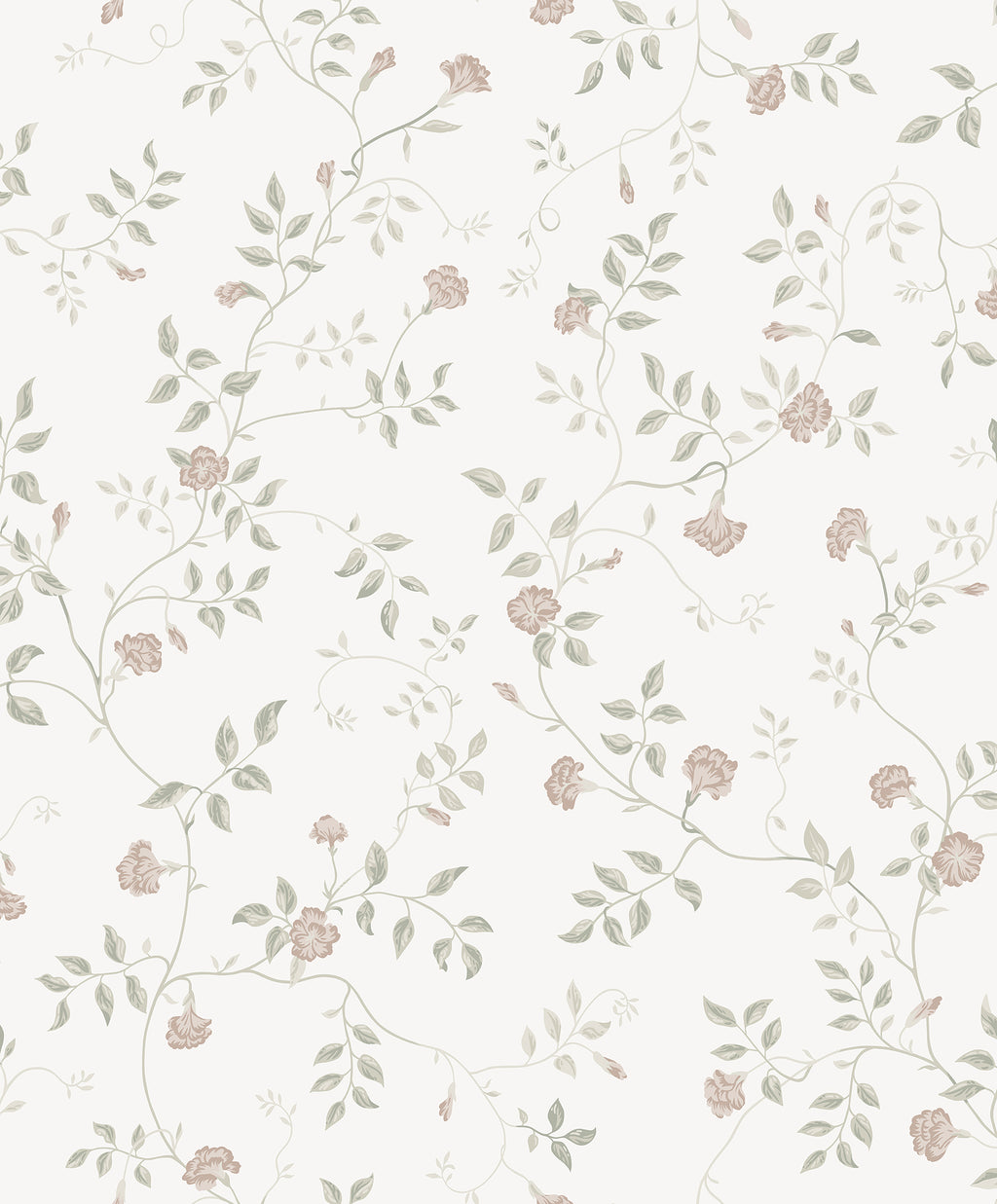 Henny wallpaper by Sandberg in soft blush and grey-green, delicate climbing floral vine on white, flat swatch