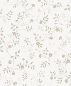 Henny wallpaper by Sandberg in soft blush and grey-green, delicate climbing floral vine on white, flat swatch