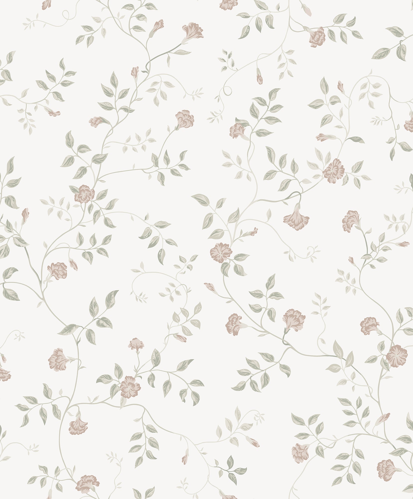 Henny wallpaper by Sandberg in soft blush and grey-green, delicate climbing floral vine on white, flat swatch