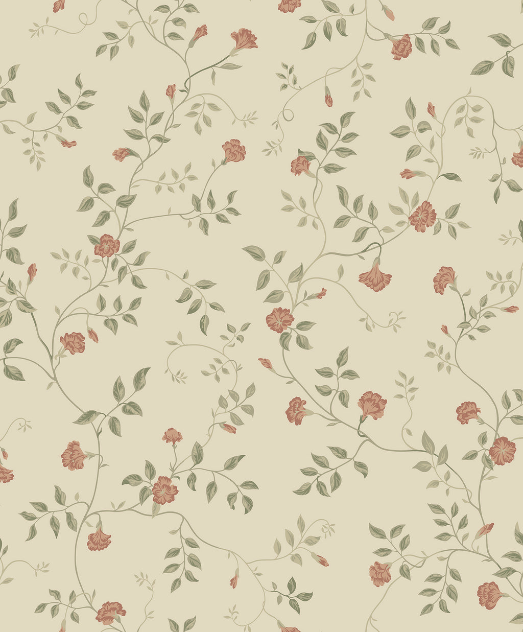 Henny wallpaper by Sandberg, trailing carnation vine in coral pink and sage green on a cream ground, flat swatch