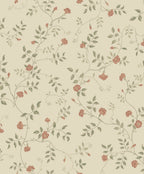 Henny wallpaper by Sandberg, trailing carnation vine in coral pink and sage green on a cream ground, flat swatch