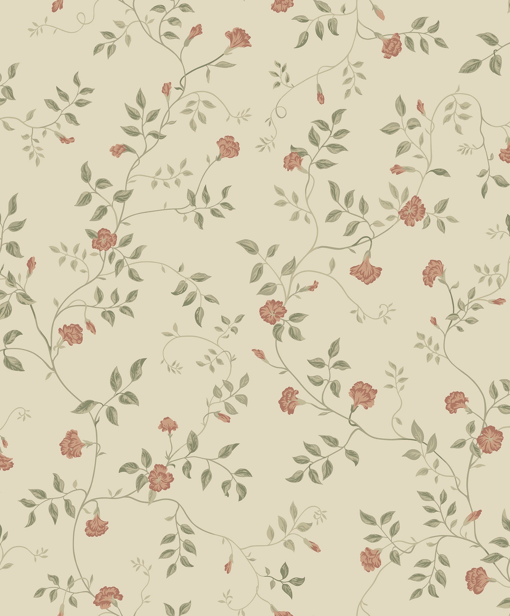 Henny wallpaper by Sandberg, trailing carnation vine in coral pink and sage green on a cream ground, flat swatch