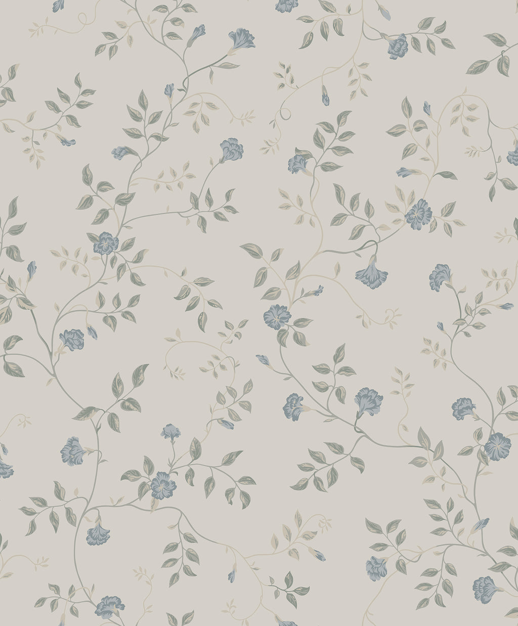 Henny wallpaper by Sandberg in dusty blue and grey-green, trailing carnation vine on pale stone, flat swatch