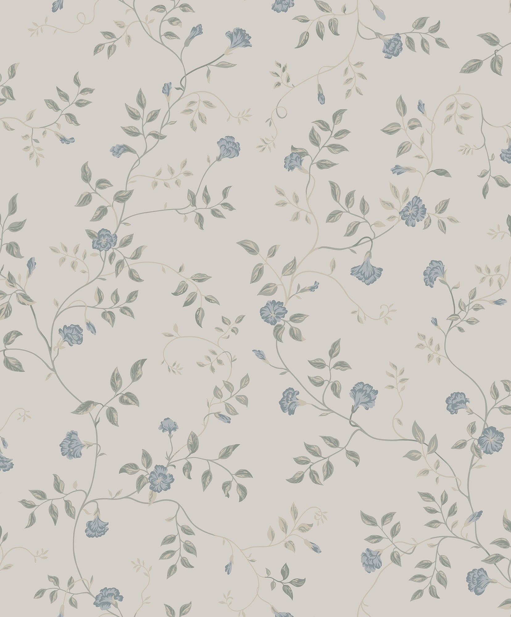 Henny wallpaper by Sandberg in dusty blue and grey-green, trailing carnation vine on pale stone, flat swatch