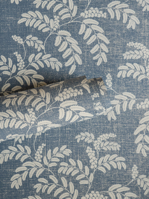 Acacia wallpaper by Långelid/von Brömssen in Blue – botanical design, a part-rolled length showing the leaf motif