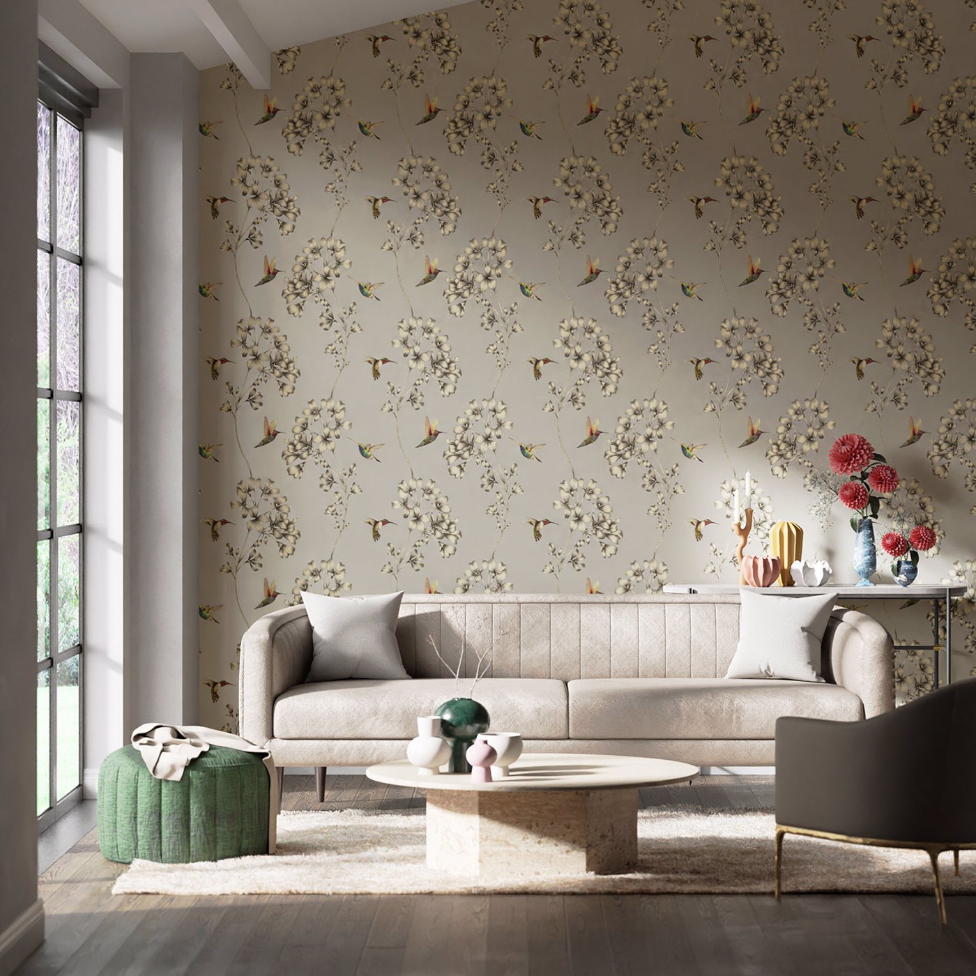 Amazilia Silver wallpaper by Harlequin - hummingbird feature wall