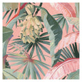 Close-up of La Palma wallpaper by Catherine Martin in Coral, pink ground with green palms and pale bananas