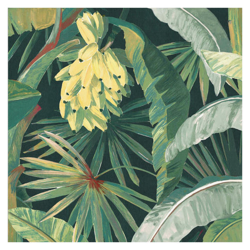 Close-up of La Palma wallpaper by Catherine Martin in Midnight, deep green ground with lush palms and yellow bananas