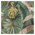 Close-up of La Palma wallpaper by Catherine Martin in Ming Green, emerald ground with painted bananas and palm leaves