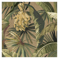 Close-up of La Palma wallpaper by Catherine Martin in Palm Leaf, warm tan ground with green palms and hanging bananas