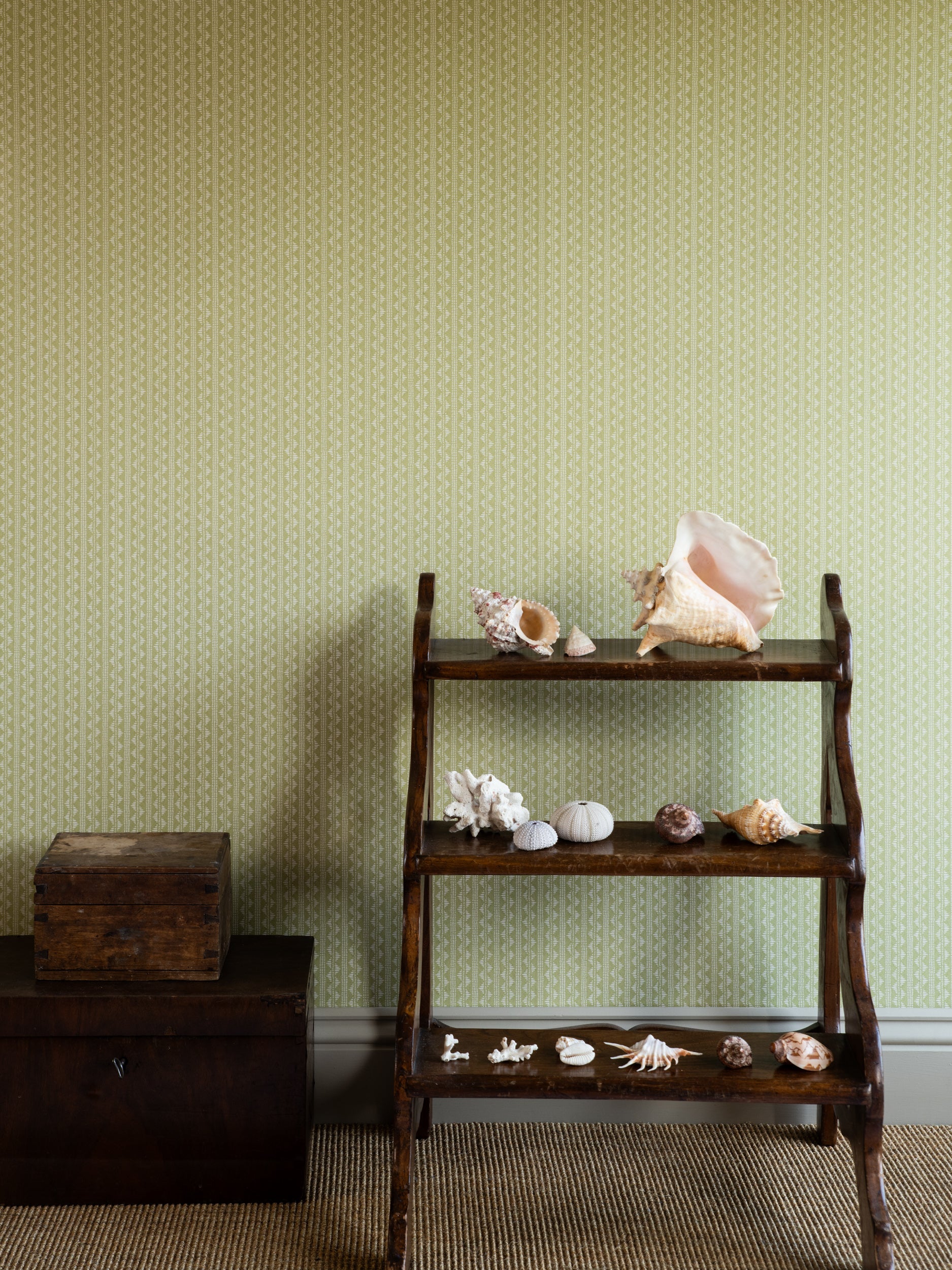Zigzag wallpaper by Långelid/von Brömssen in Green – Dusty Lemon – geometric design, behind a wooden shelf of shells