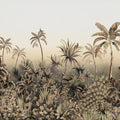 Nightbird Symphony wall mural by Catherine Martin in Sepia, tropical palms and birds in soft warm brown tones