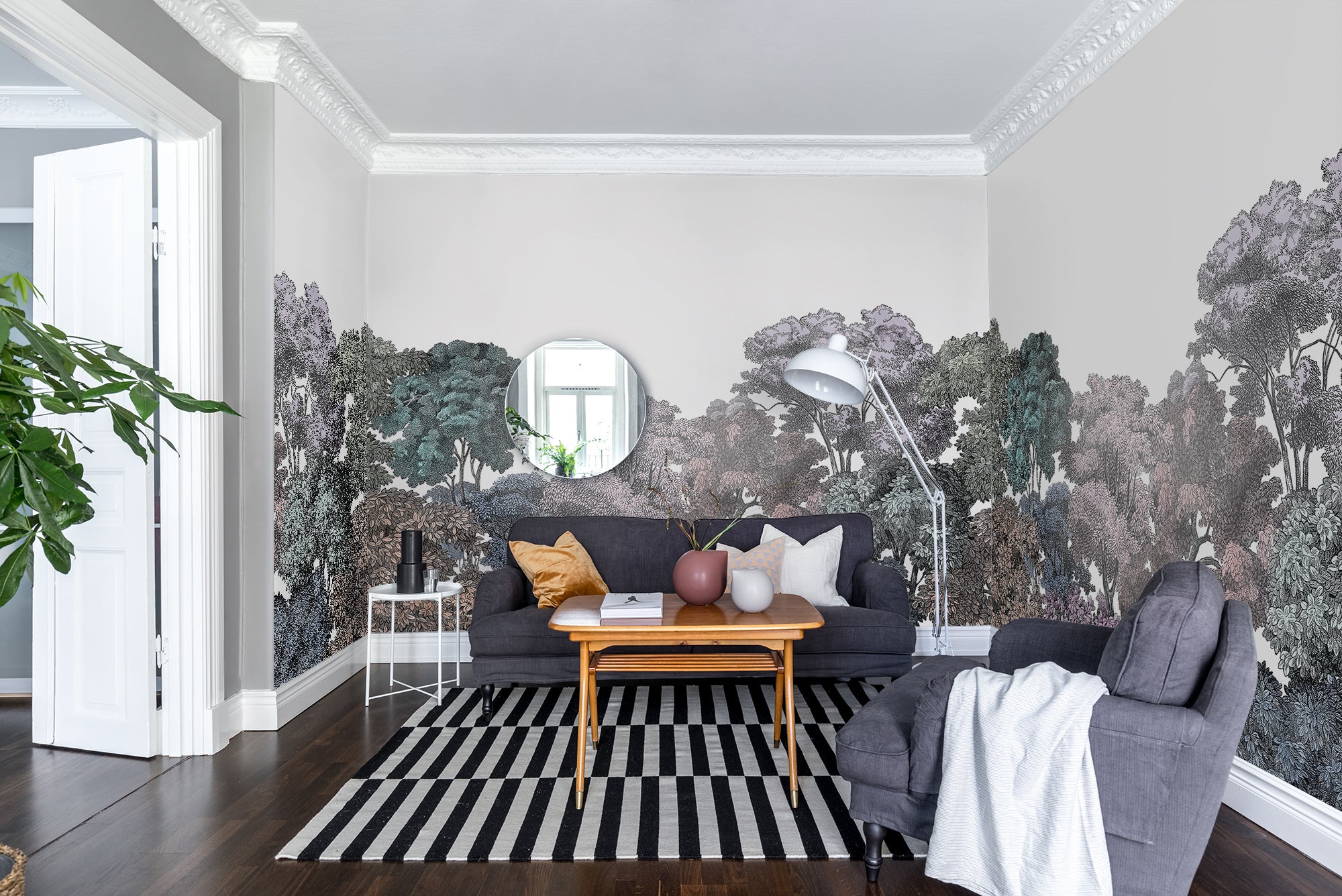 Bellewood wallpaper by Rebel Walls in Multicolour, styled on an interior wall