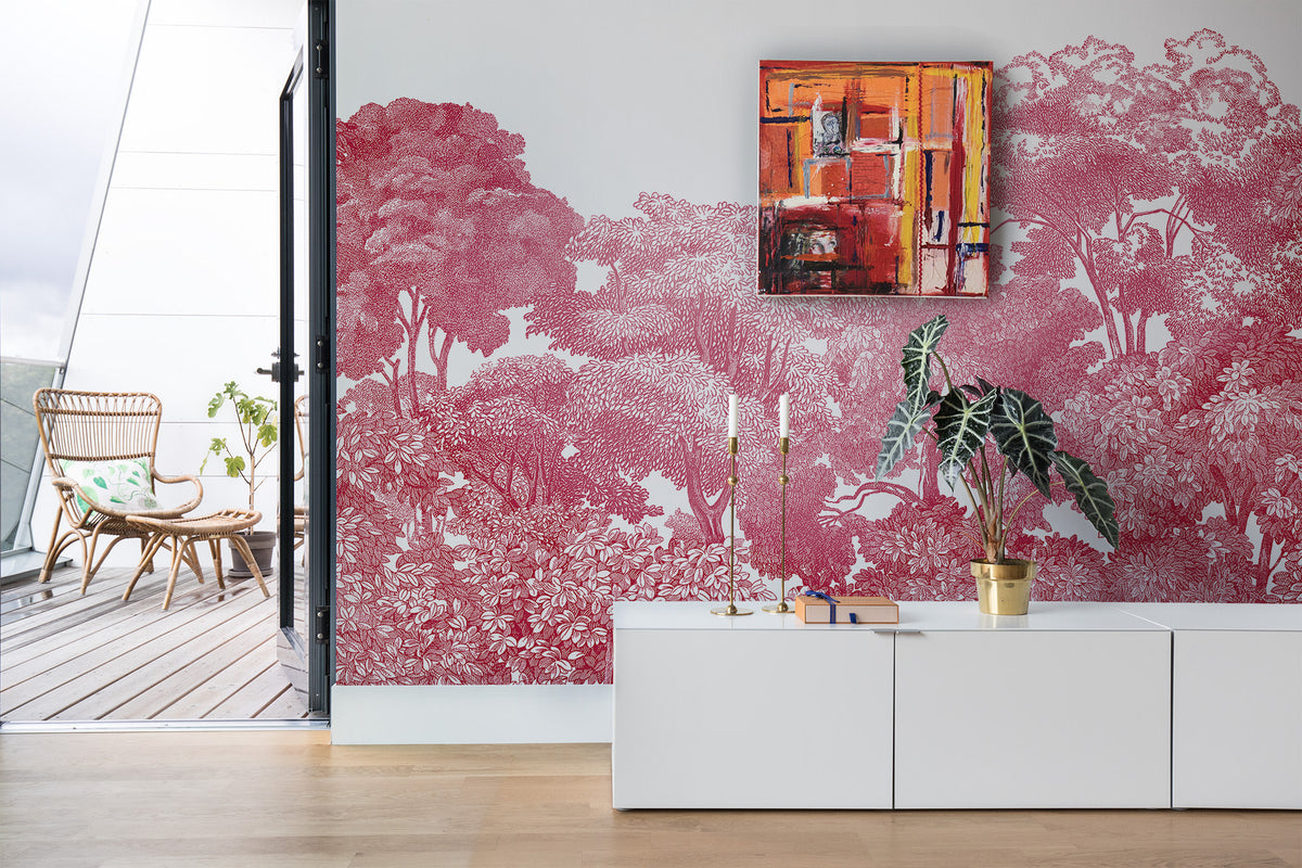 Bellewood wall mural by Rebel Walls in Red, styled room