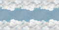 Fluffy Clouds wall mural by Rebel Walls, flat swatch of grey-beige clouds drifting across a teal-blue sky