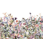May Meadow mural by Rebel Walls in Pastel, a dense wildflower meadow border in soft pinks, blues and greens