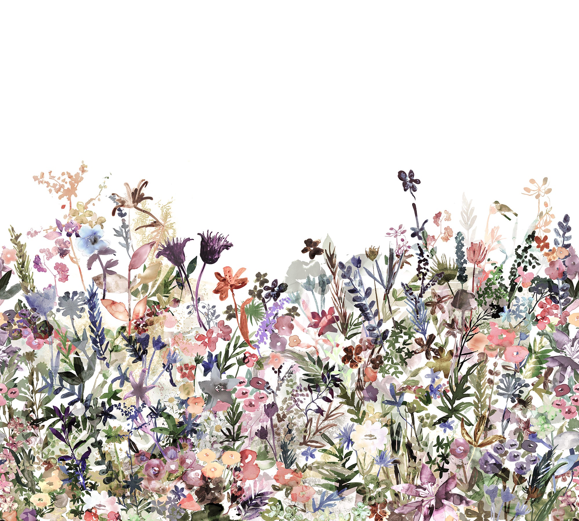 May Meadow mural by Rebel Walls in Pastel, a dense wildflower meadow border in soft pinks, blues and greens