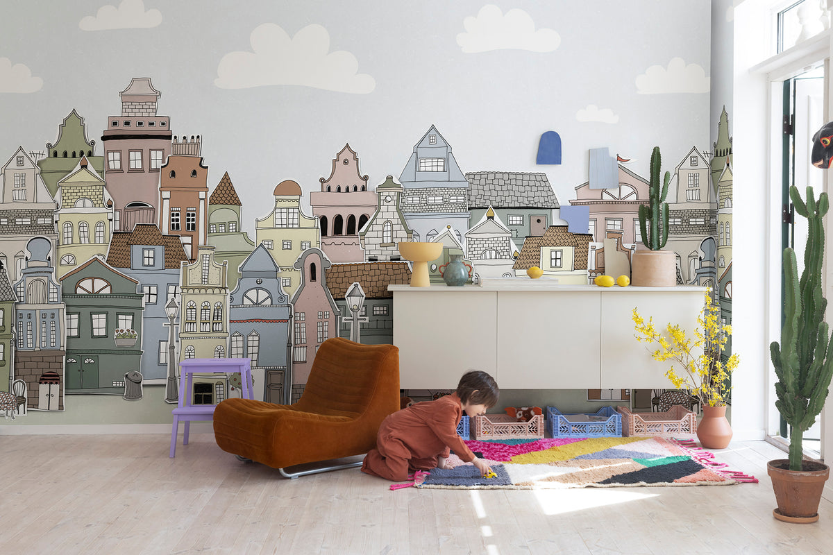 London Houses - Black & White wall mural by Rebel Walls in Pastel, styled room