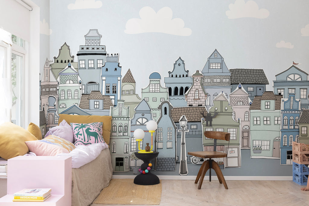 London Houses - Black & White wall mural by Rebel Walls in Light Blue, styled room