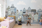 London Houses - Black & White wall mural by Rebel Walls in Light Blue, styled room