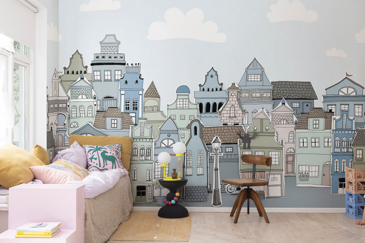 London Houses - Black & White wall mural by Rebel Walls in Light Blue, styled room