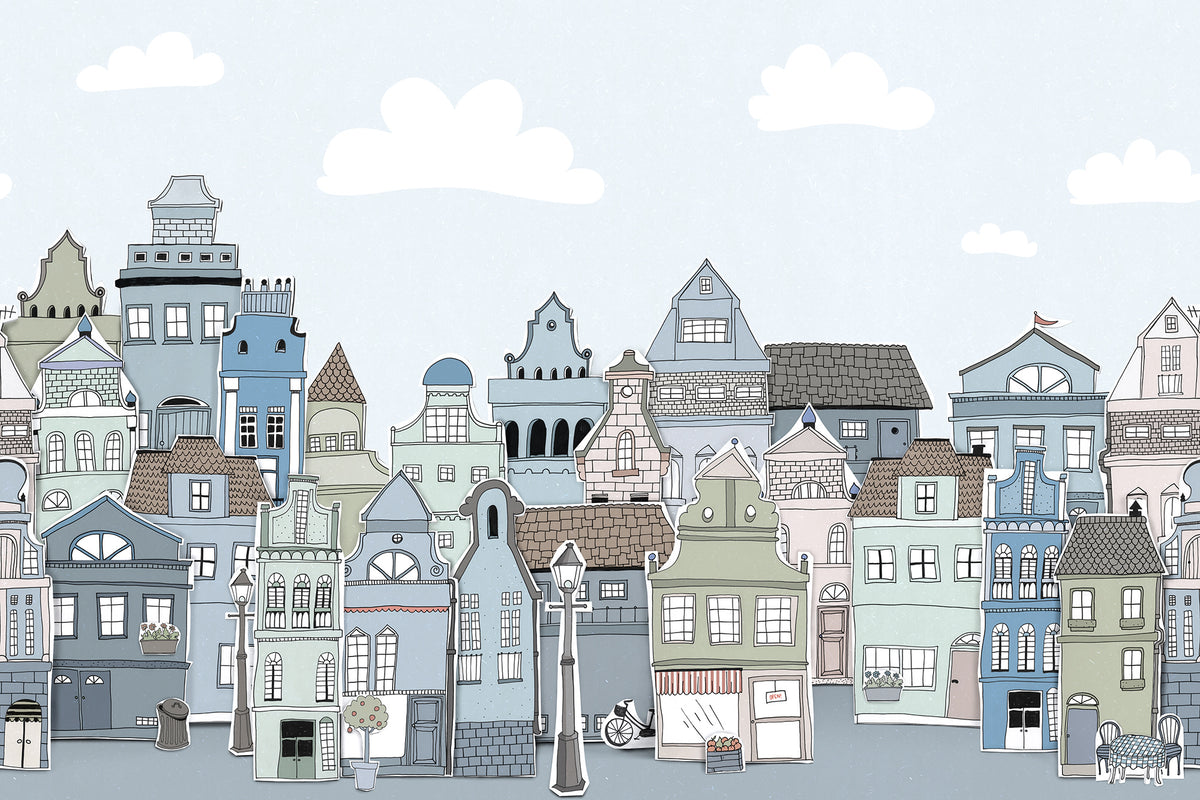 London Houses - Black & White wall mural by Rebel Walls in Light Blue, flat swatch
