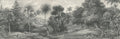 Jungle Land wall mural by Rebel Walls, full panoramic view of the engraved jungle scene in charcoal grey