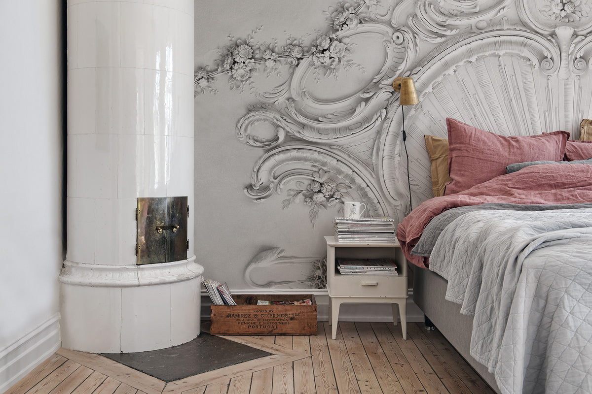 Stucco Gloria wall mural by Rebel Walls in White, styled room