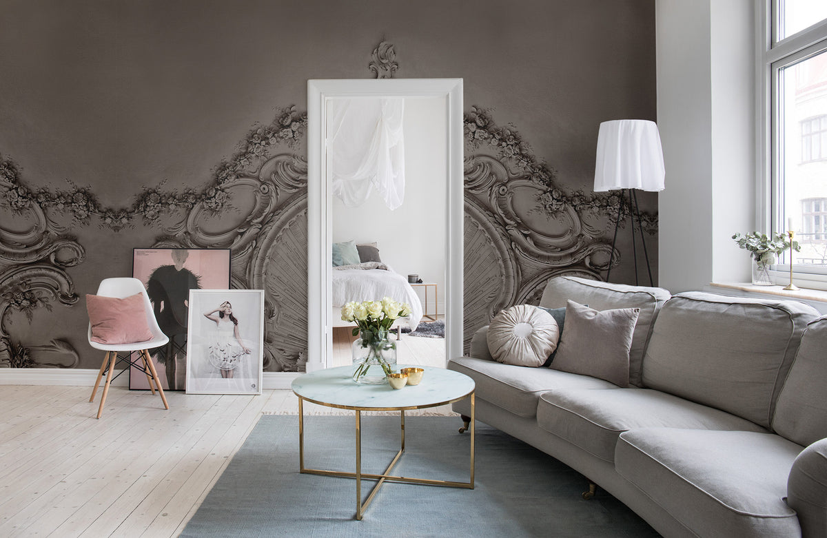 Stucco Gloria wall mural by Rebel Walls in Brown, styled room