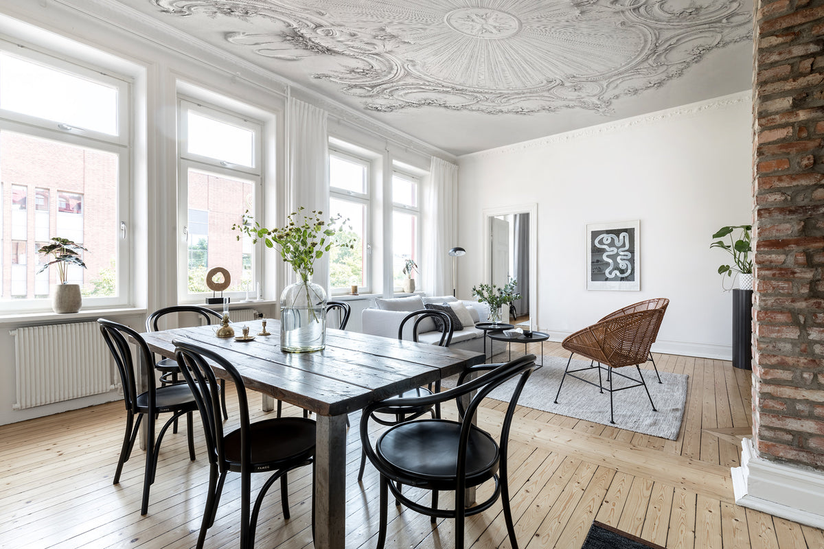 Stucco Gloria wall mural by Rebel Walls in White – Ceiling, styled room