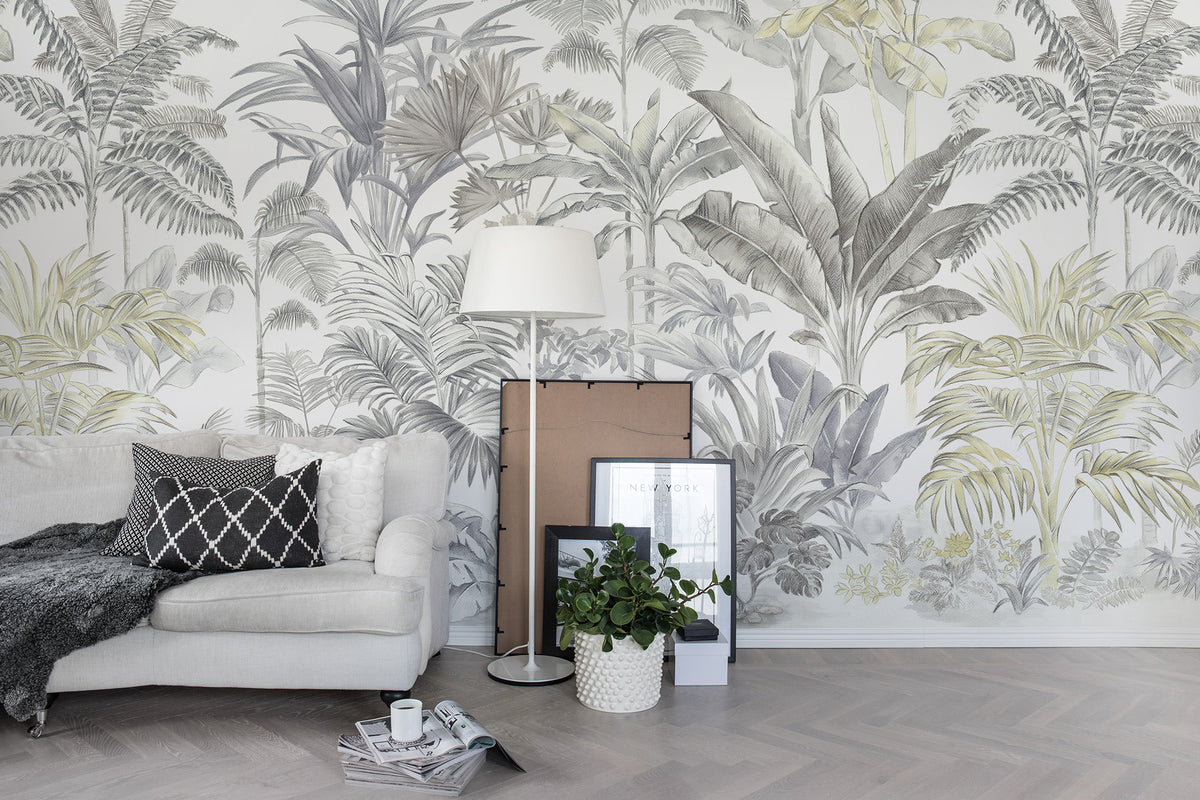 Pride Palms Emerald wallpaper by Rebel Walls in White, styled room