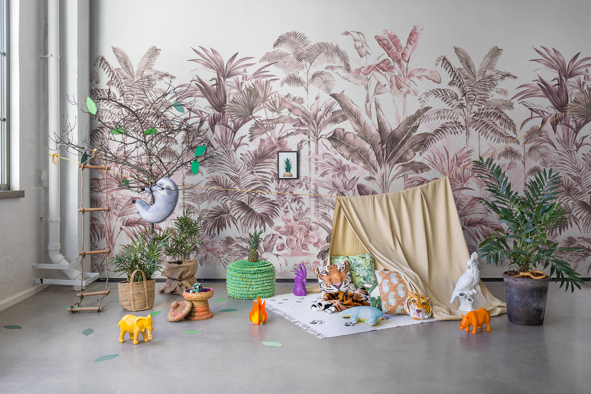Pride Palms Emerald wallpaper by Rebel Walls in Purple – Plum, styled room