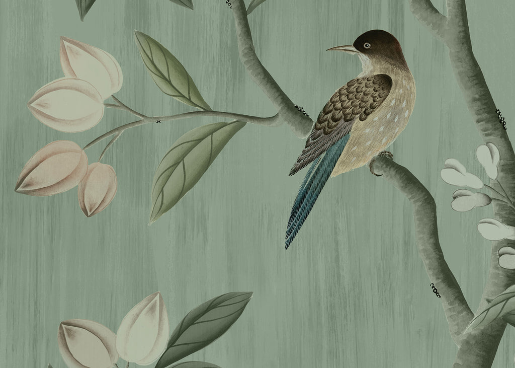 Chinoiserie Chic wallpaper by Rebel Walls in Green, close detail of the print