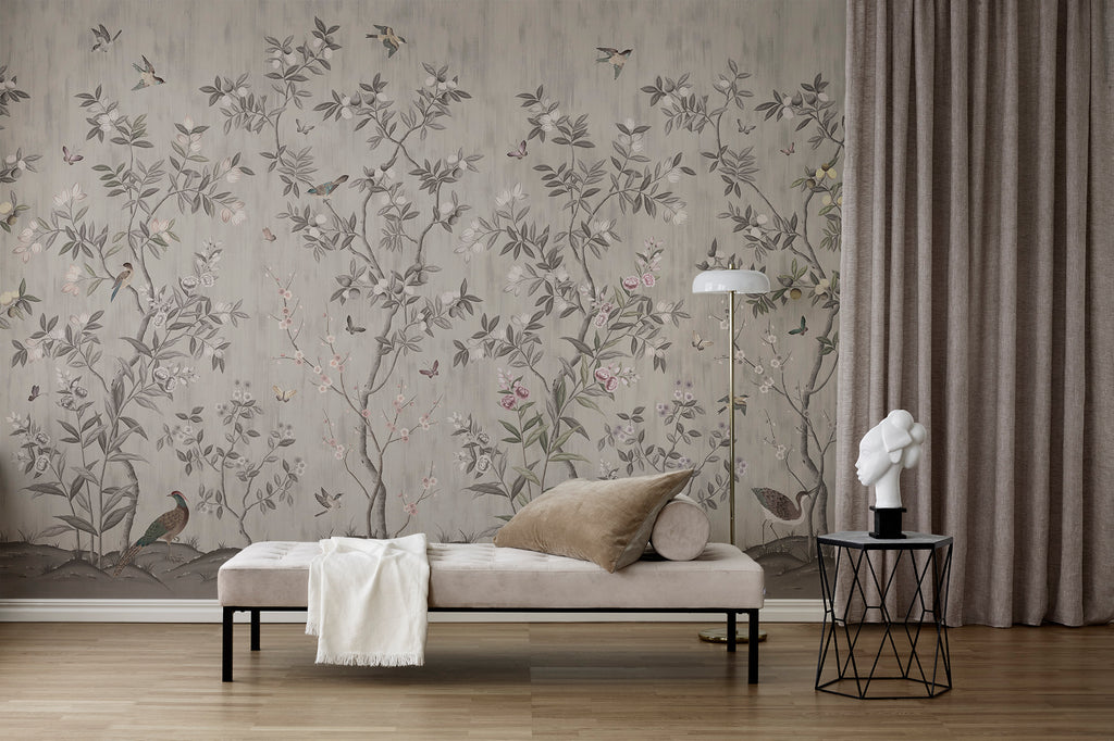 Chinoiserie Chic wallpaper by Rebel Walls in Beige, styled on an interior wall