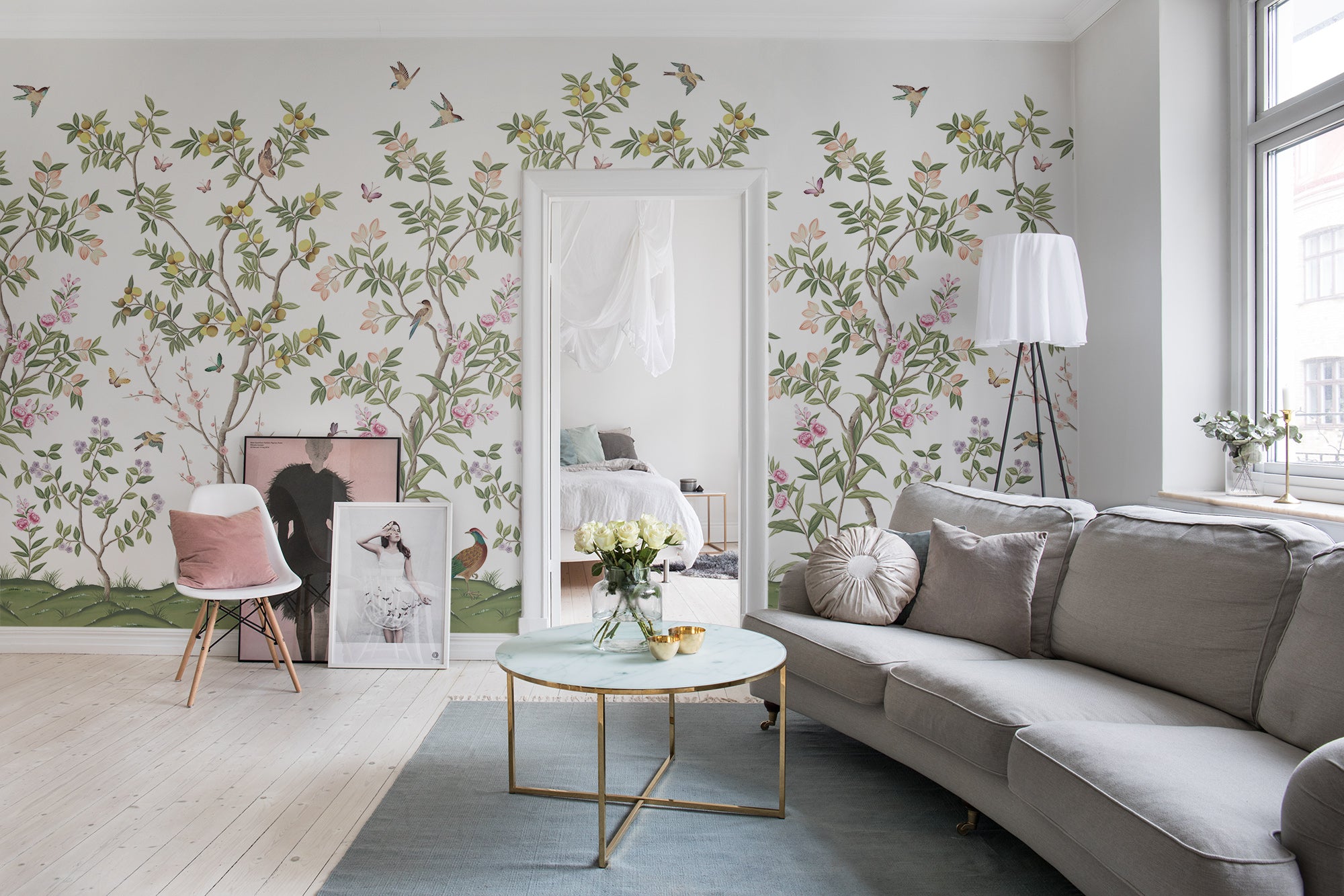 Chinoiserie Chic wallpaper by Rebel Walls in Multicolour, styled on an interior wall