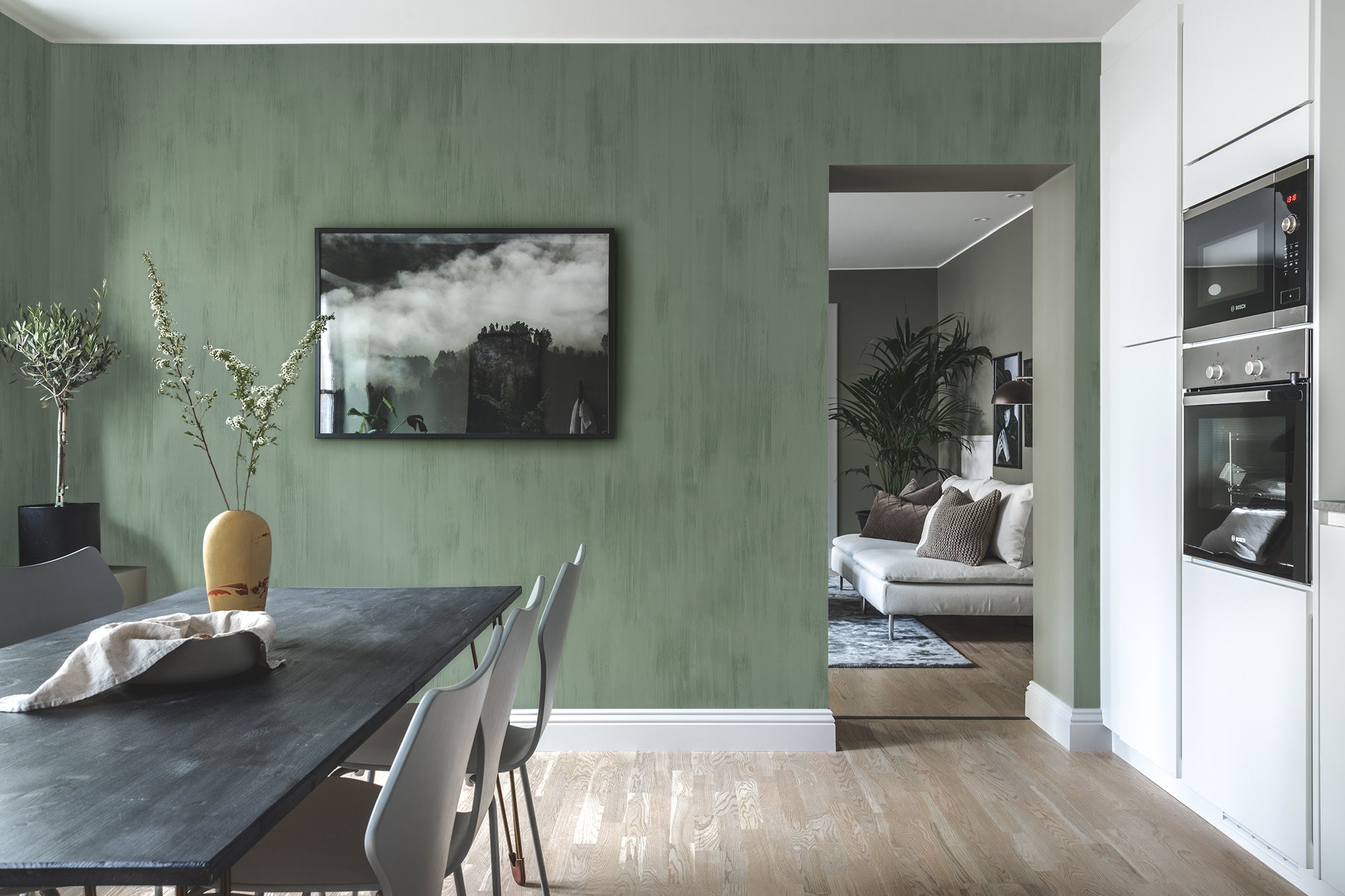 Brushstrokes wall mural by Rebel Walls in Green, styled room
