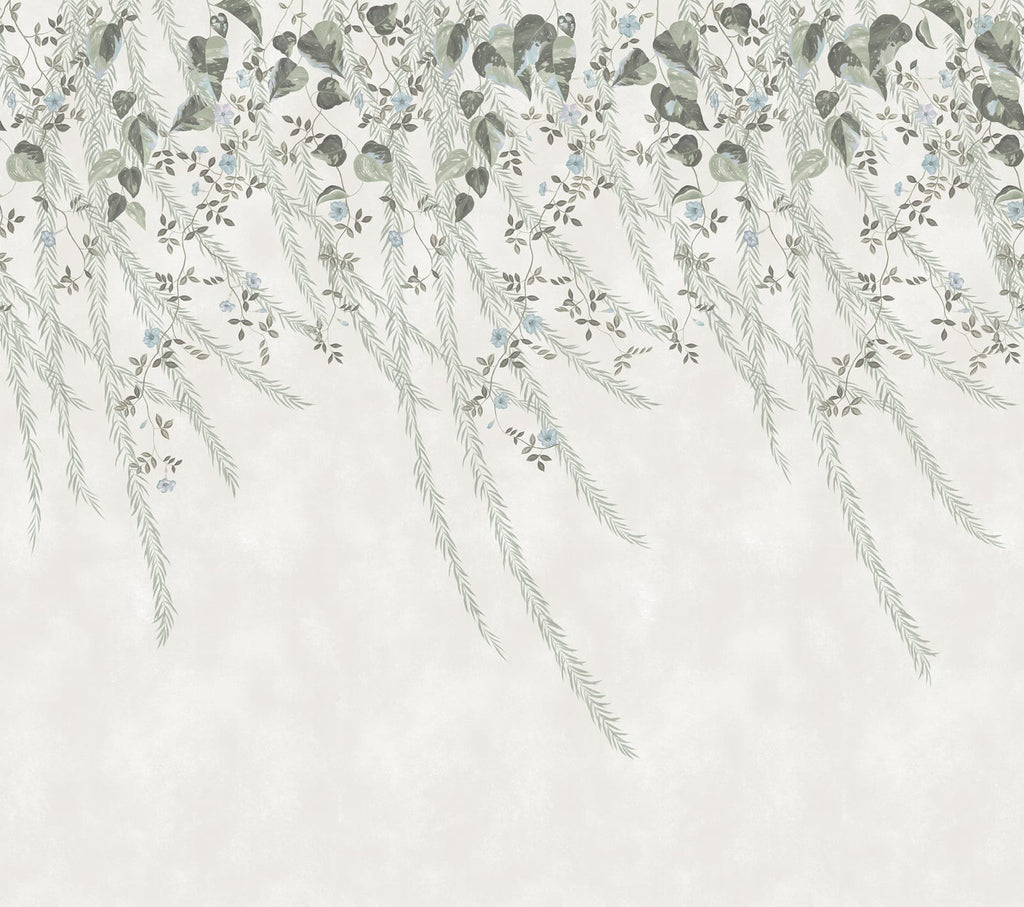 Lush Foliage wall mural by Rebel Walls in sage green foliage on a pale ground
