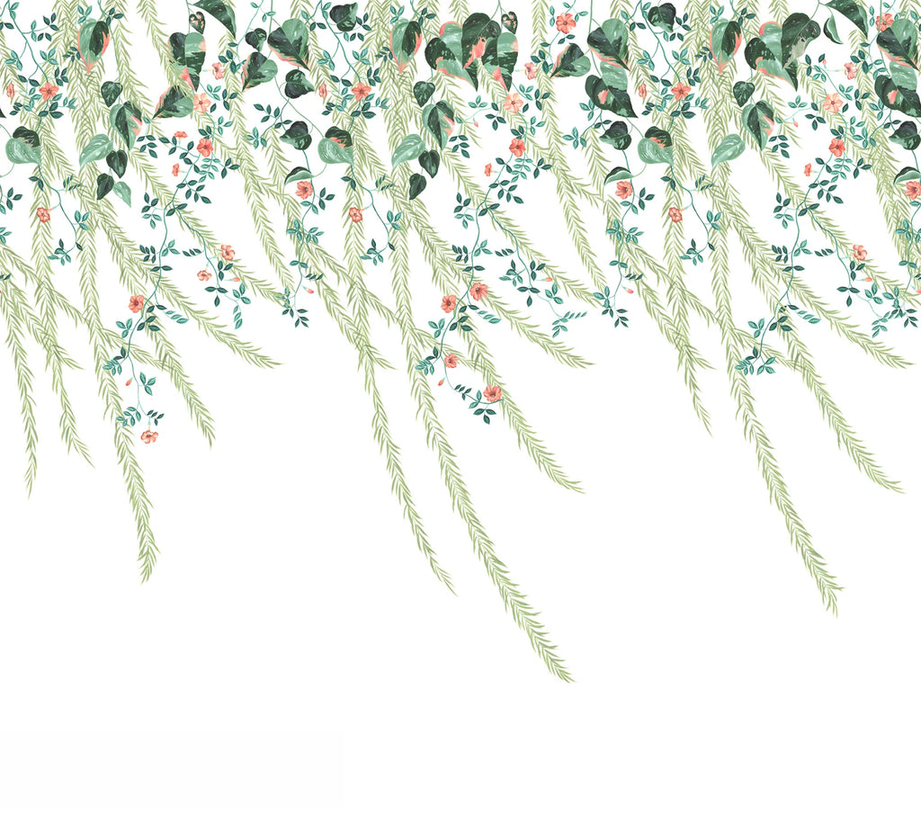 Lush Foliage wall mural by Rebel Walls in green foliage with coral flowers on a pale ground