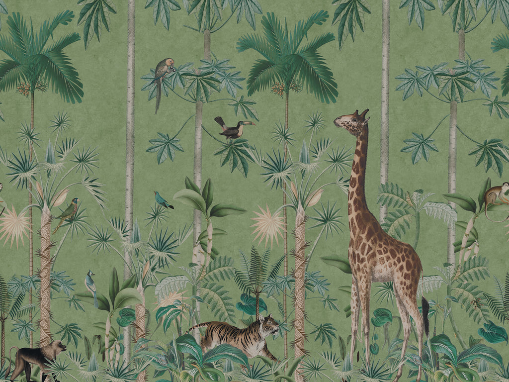 Giraffe's Stroll wallpaper by Rebel Walls in Green, flat pattern repeat
