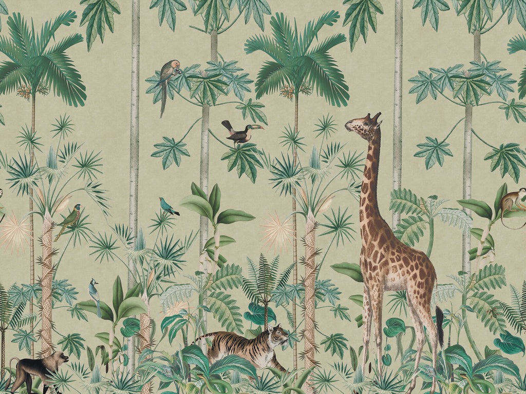 Giraffe's Stroll wallpaper by Rebel Walls in Light Green, flat pattern repeat
