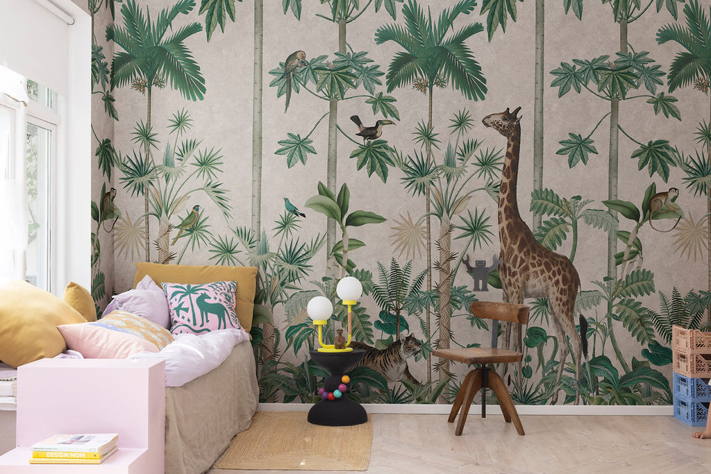 Giraffe's Stroll wall mural by Rebel Walls in Pink – Pastel Pink, styled room