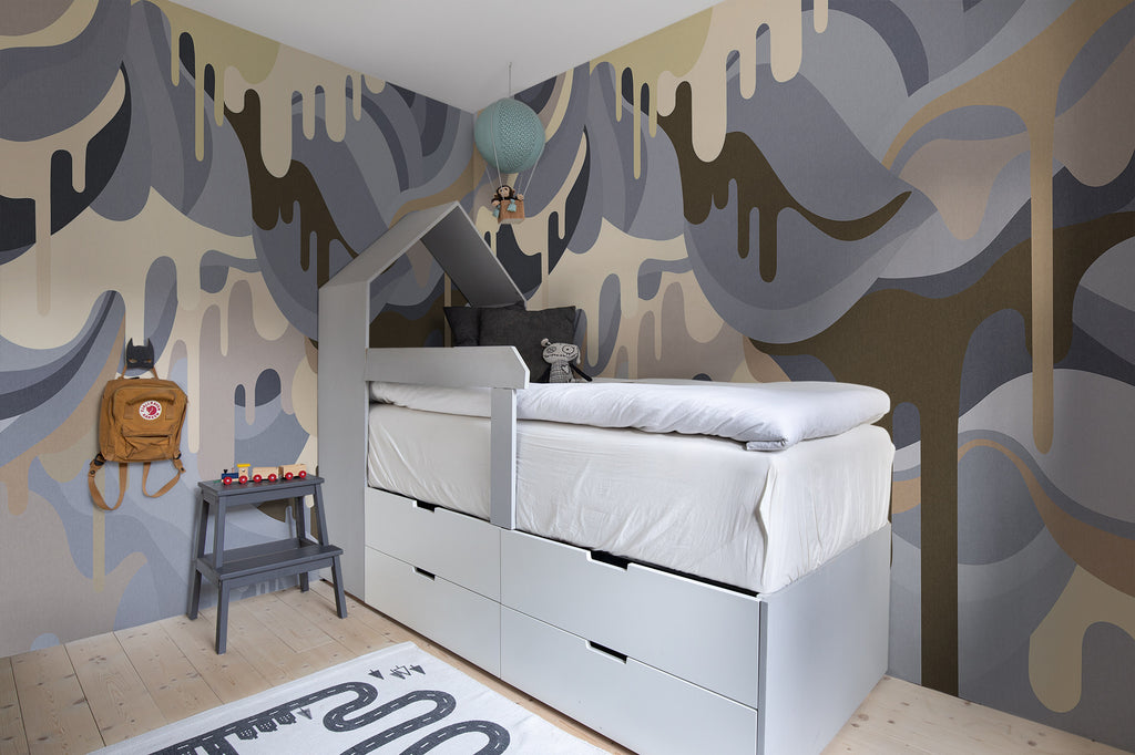 Dripping Rainbow wall mural by Rebel Walls in Blue, styled room