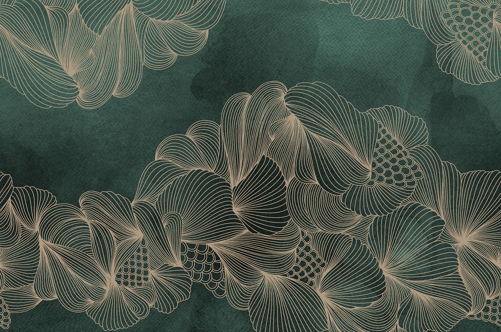 Opulence wall mural by Wallpaper Trader, gold line-art blooms on an emerald green watercolour ground, flat view