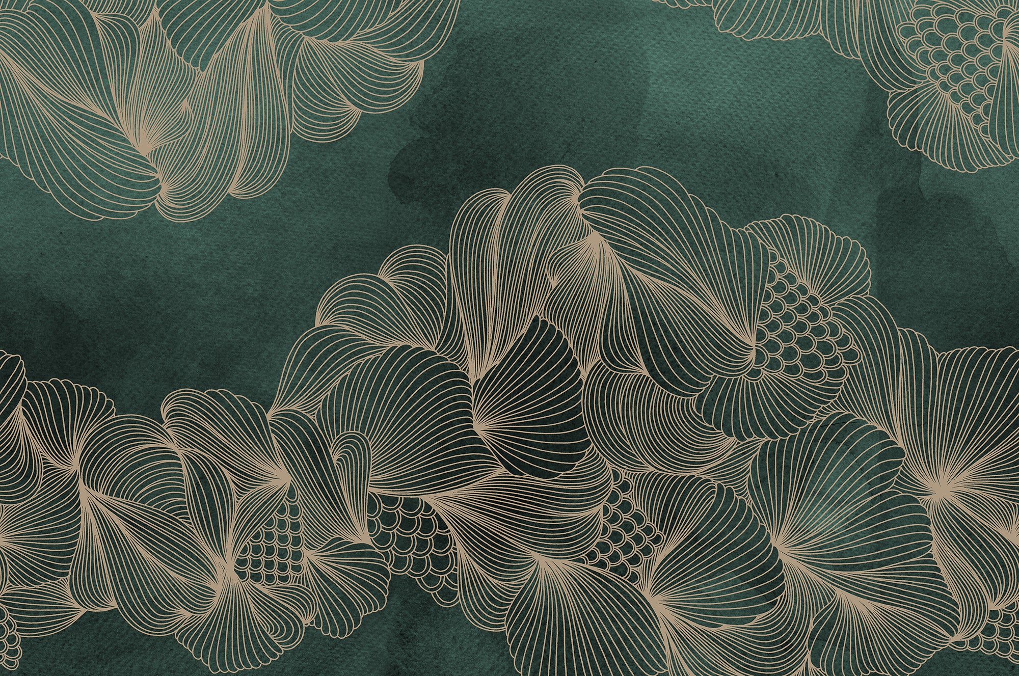 Opulence wall mural by Wallpaper Trader, gold line-art blooms on an emerald green watercolour ground, flat view