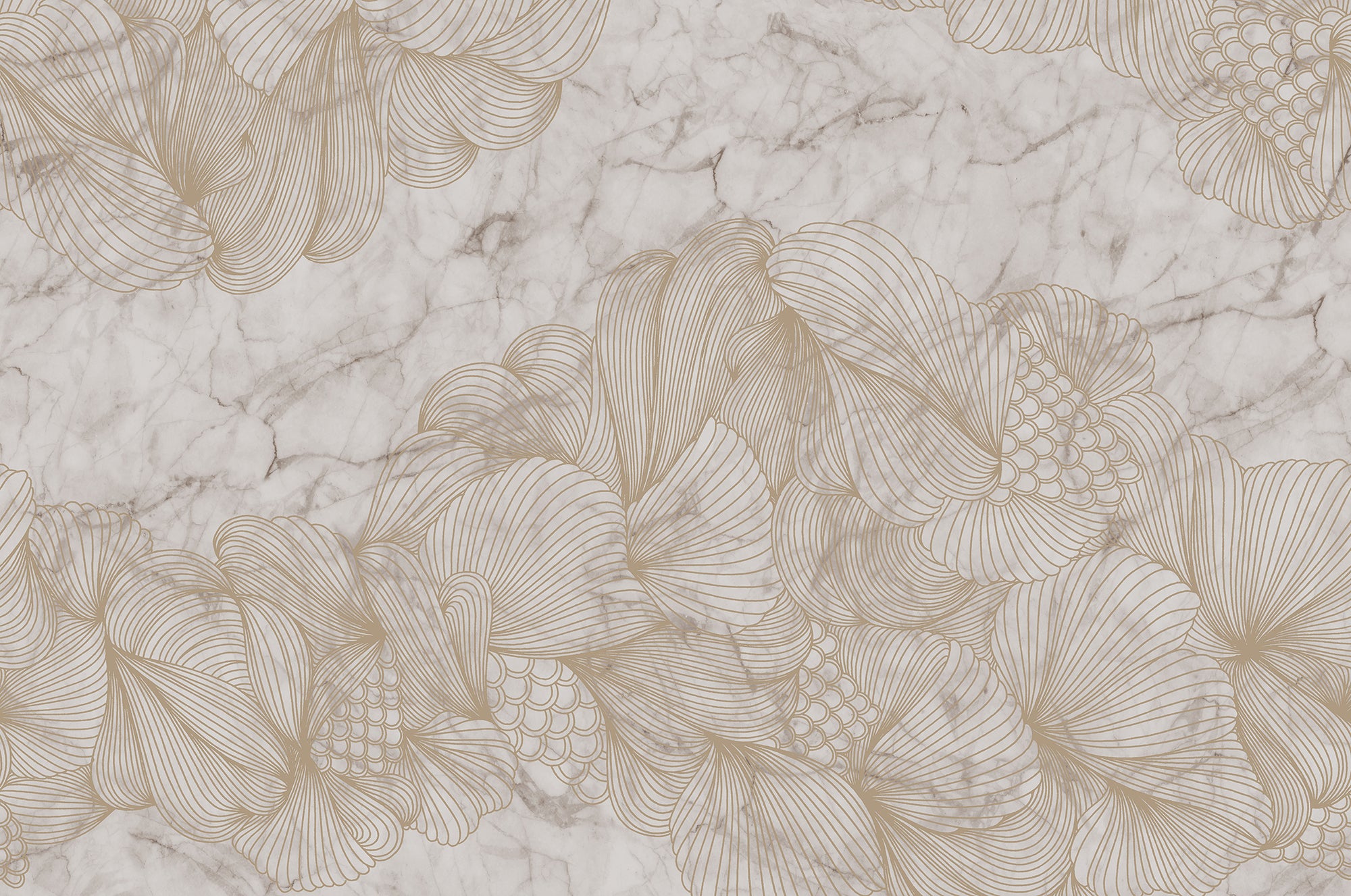 Opulence wall mural by Wallpaper Trader, gold line-art blooms on a cream marble ground, flat view